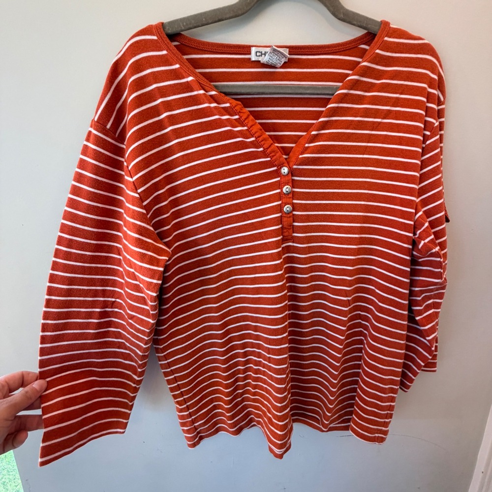 Chicos Striped Henley Top Womens Size 3 Orange White Stretch Casual 3/4 Sleeve